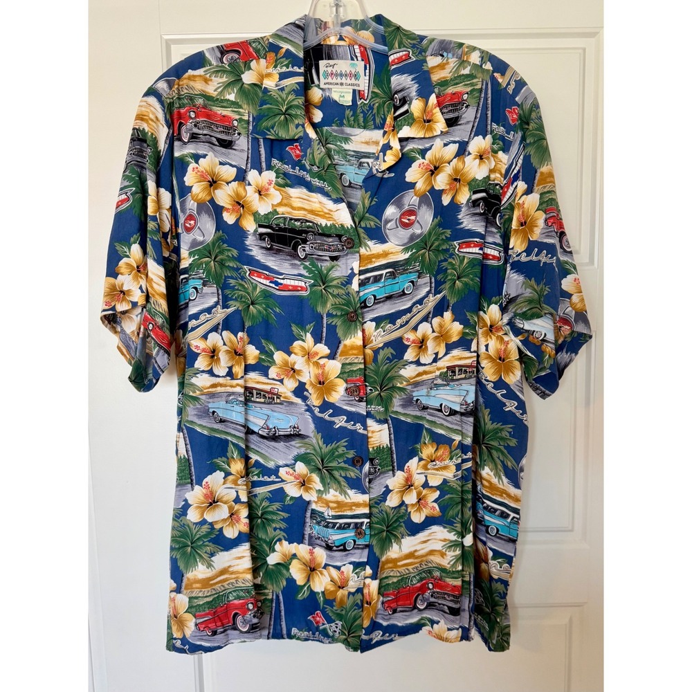 Reyn Spooner‎ Vtg Hawaiian Shirt Classic Cars Hibiscus Print Rayon Mens Medium